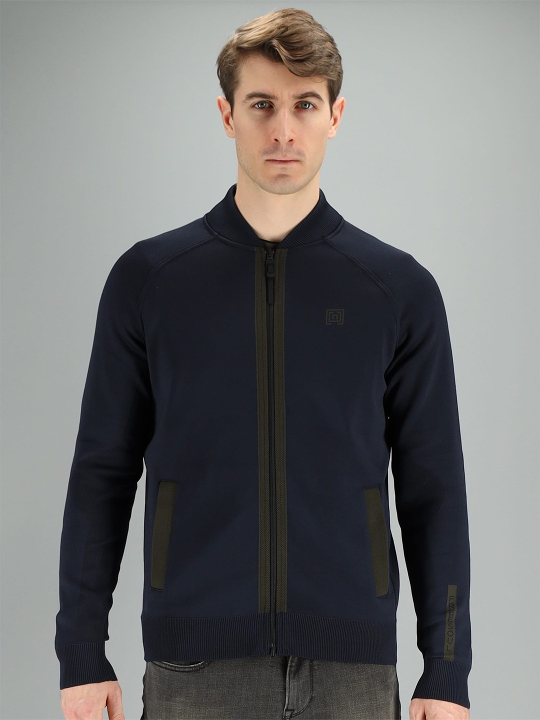 

FREESOUL Men Navy Blue Solid Bomber Jacket