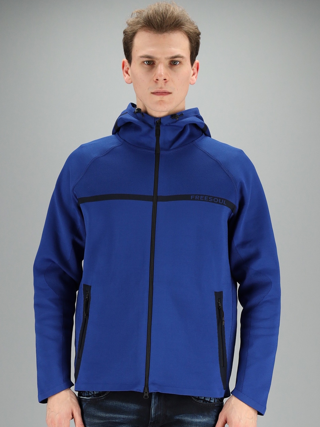 

FREESOUL Men Blue Solid Hooded Sweatshirt