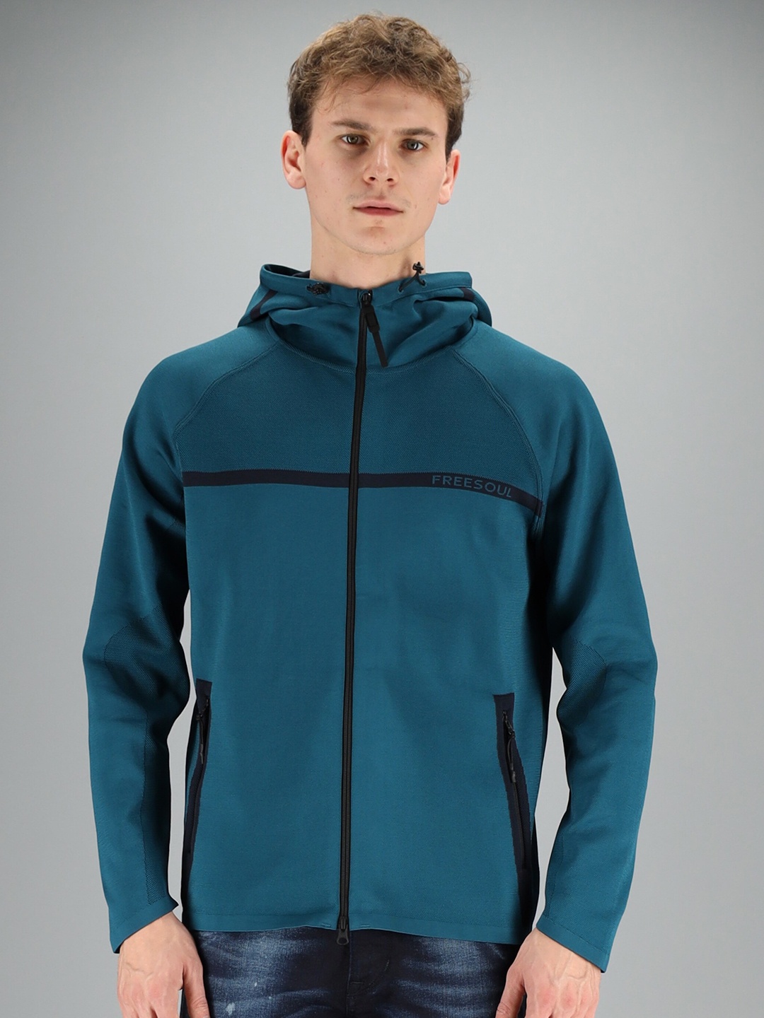 

FREESOUL Men Teal Hooded Sweatshirt