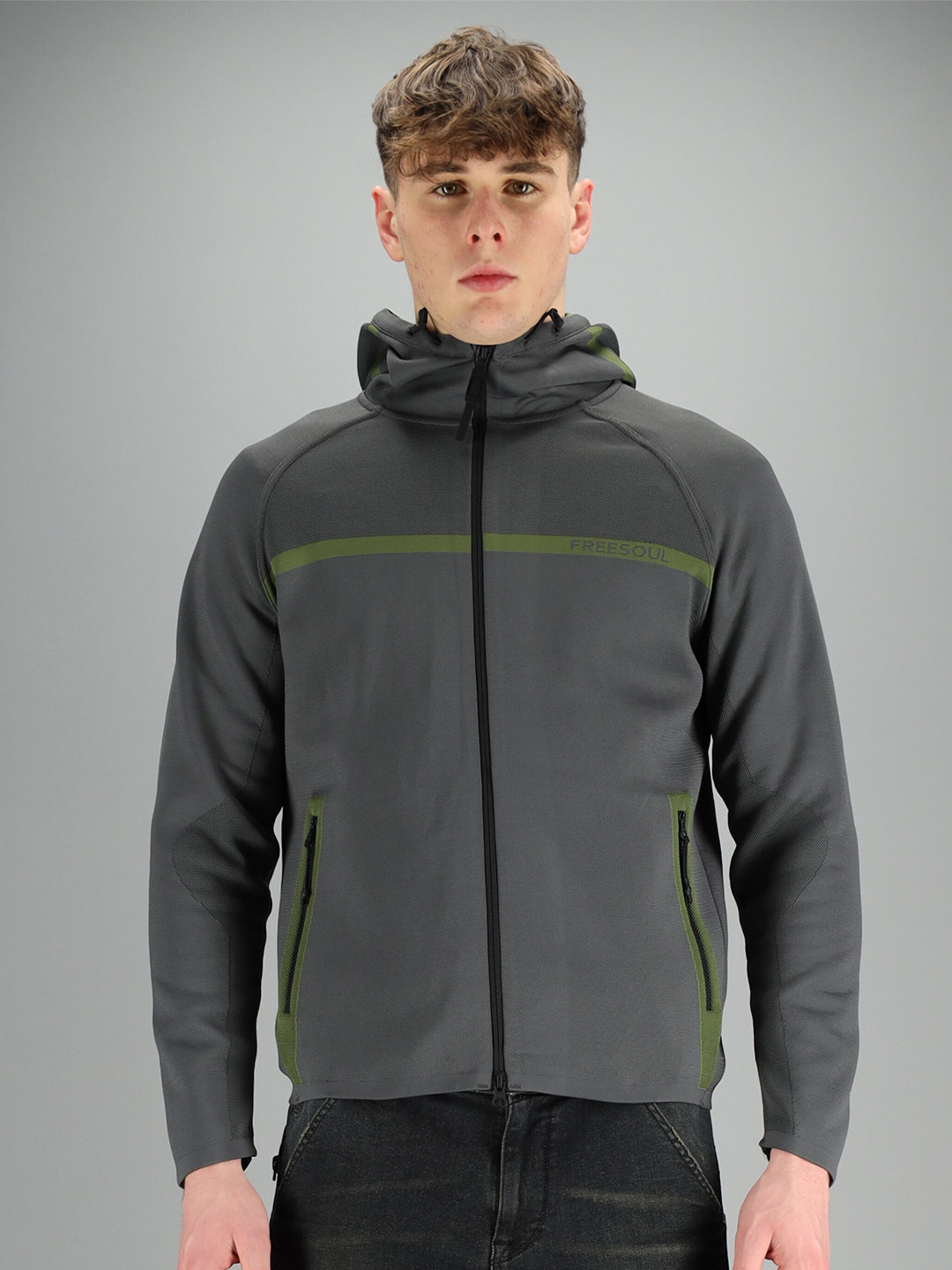 

FREESOUL Men Grey Hooded Sweatshirt