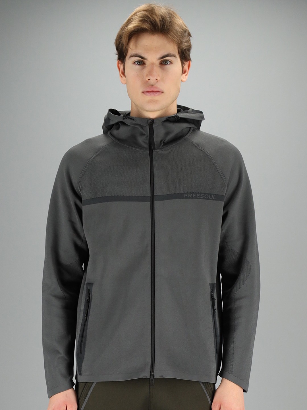 

FREESOUL Men Grey Hooded Sweatshirt