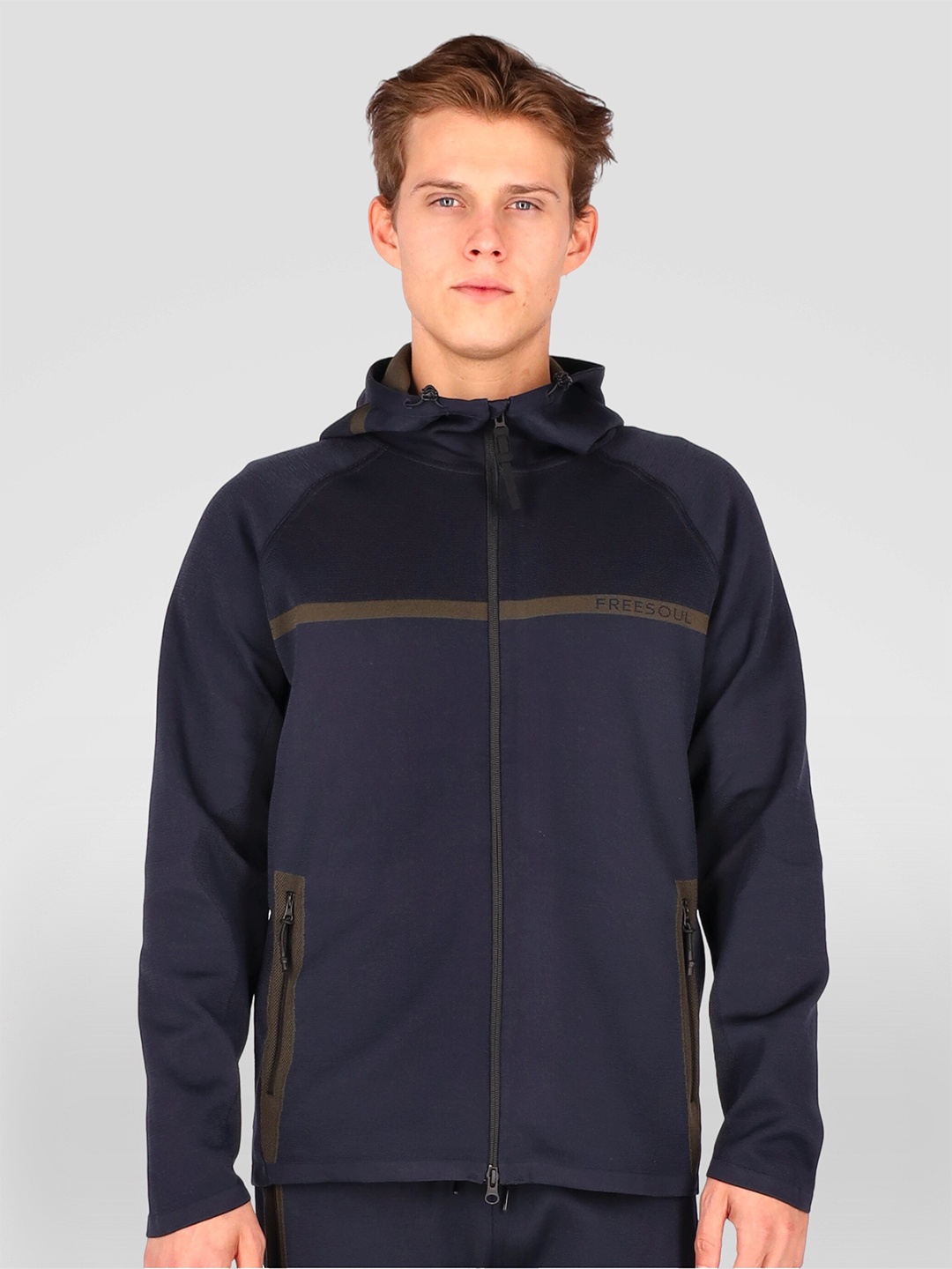 

FREESOUL Men Navy Blue Solid Hooded Sweatshirt