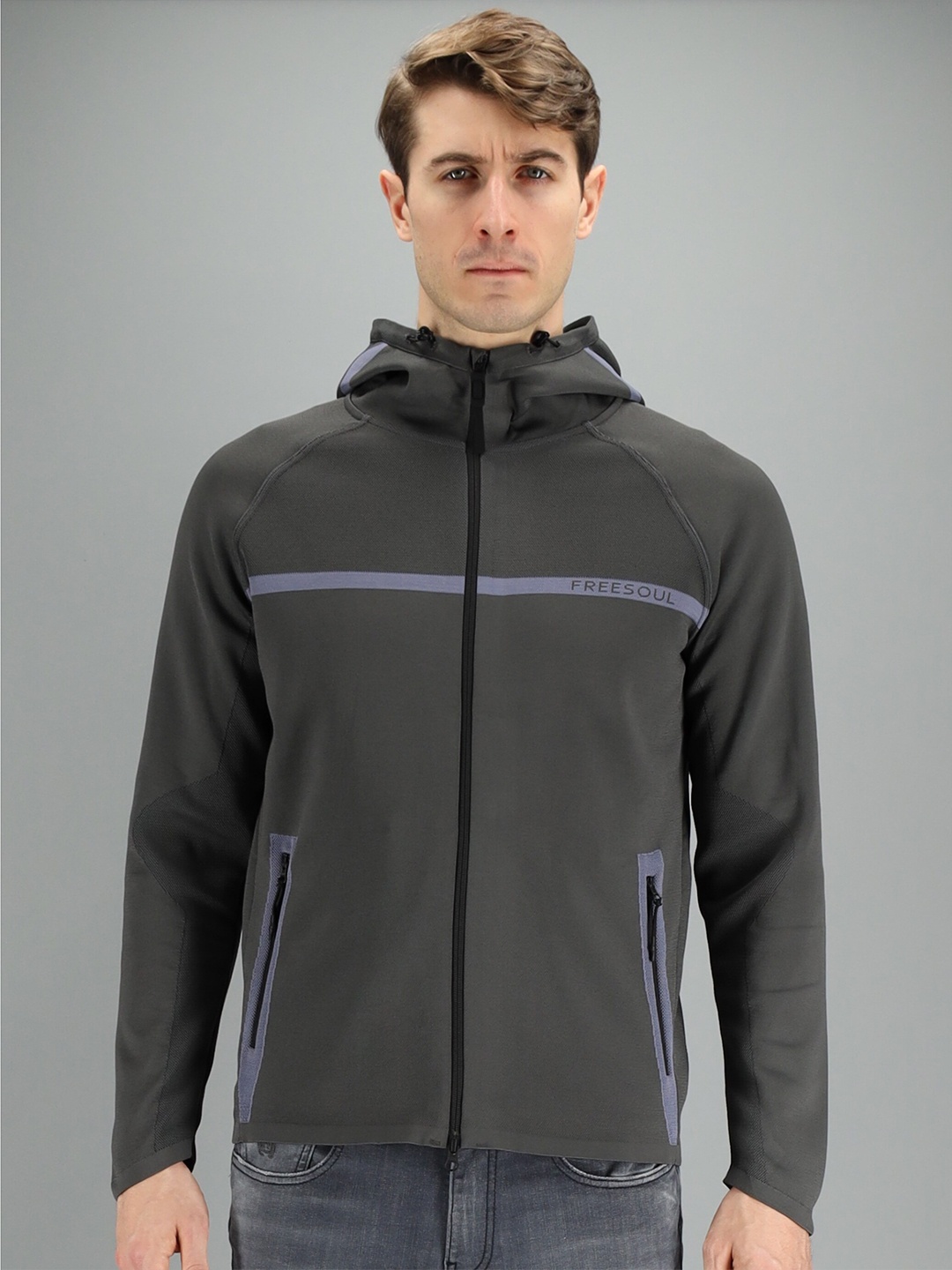 

FREESOUL Men Grey Hooded Long Sleeves Sweatshirt
