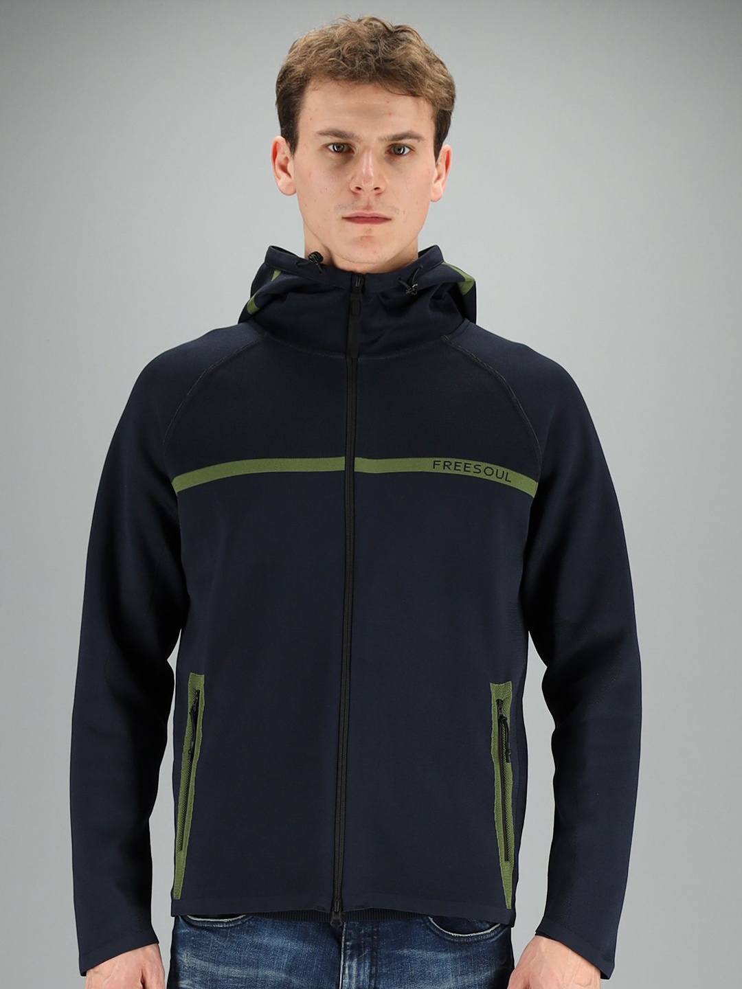 

FREESOUL Men Navy Blue Hooded Long Sleeves Sweatshirt