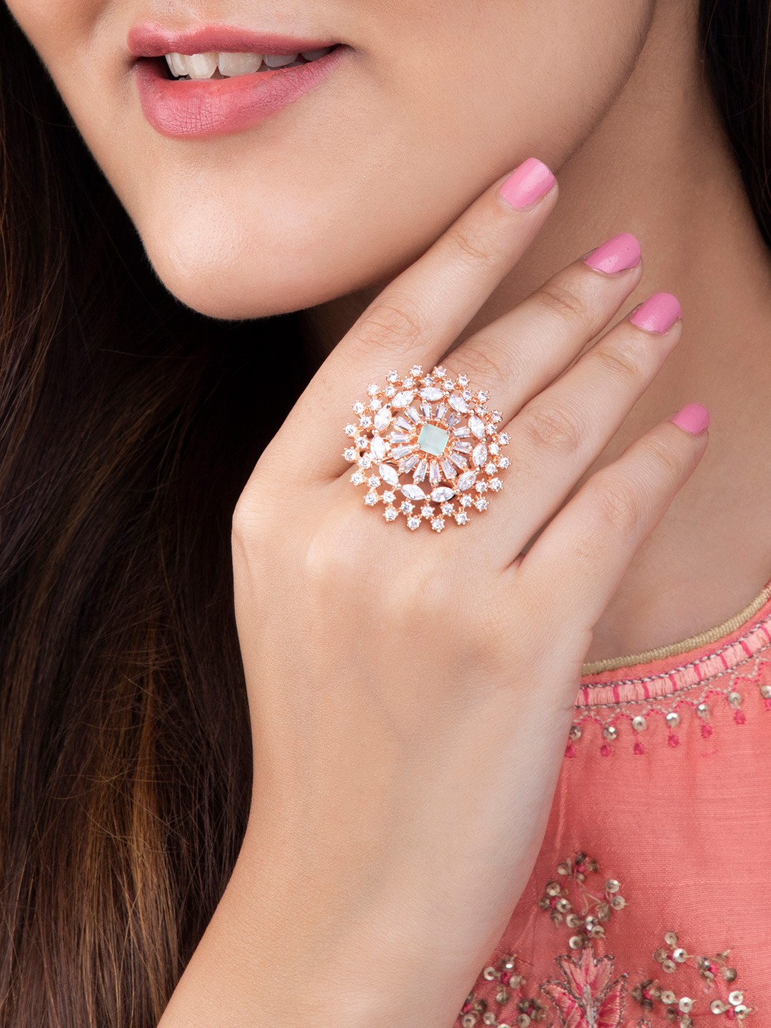 

Rubans Rose Gold-Plated White AD-Studded Circular Adjustable Finger Ring