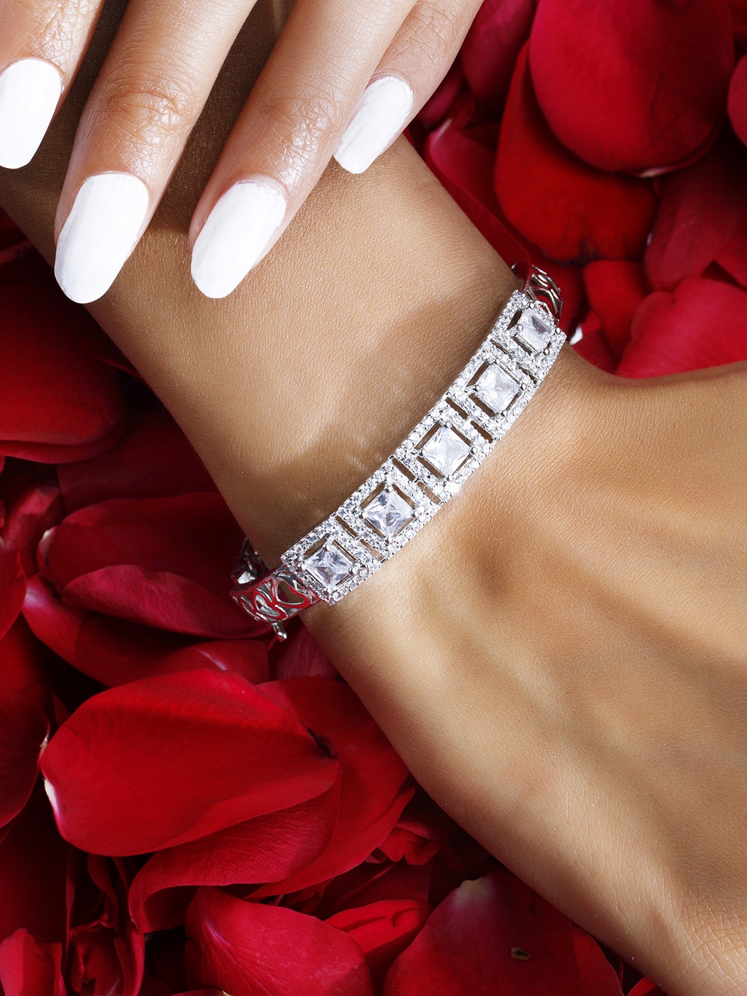 

Rubans Women Silver-Toned & White Cubic Zirconia Silver-Plated Bangle-Style Bracelet