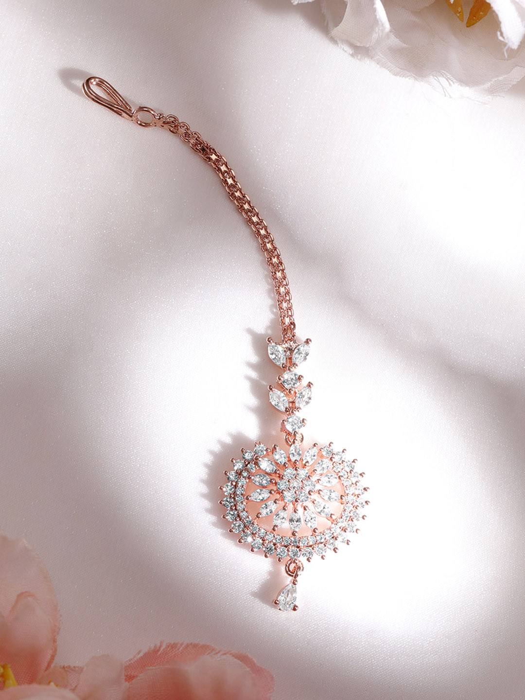 

Rubans Women Rose Gold-Plated White Stoned AD Studded Maang Tikka