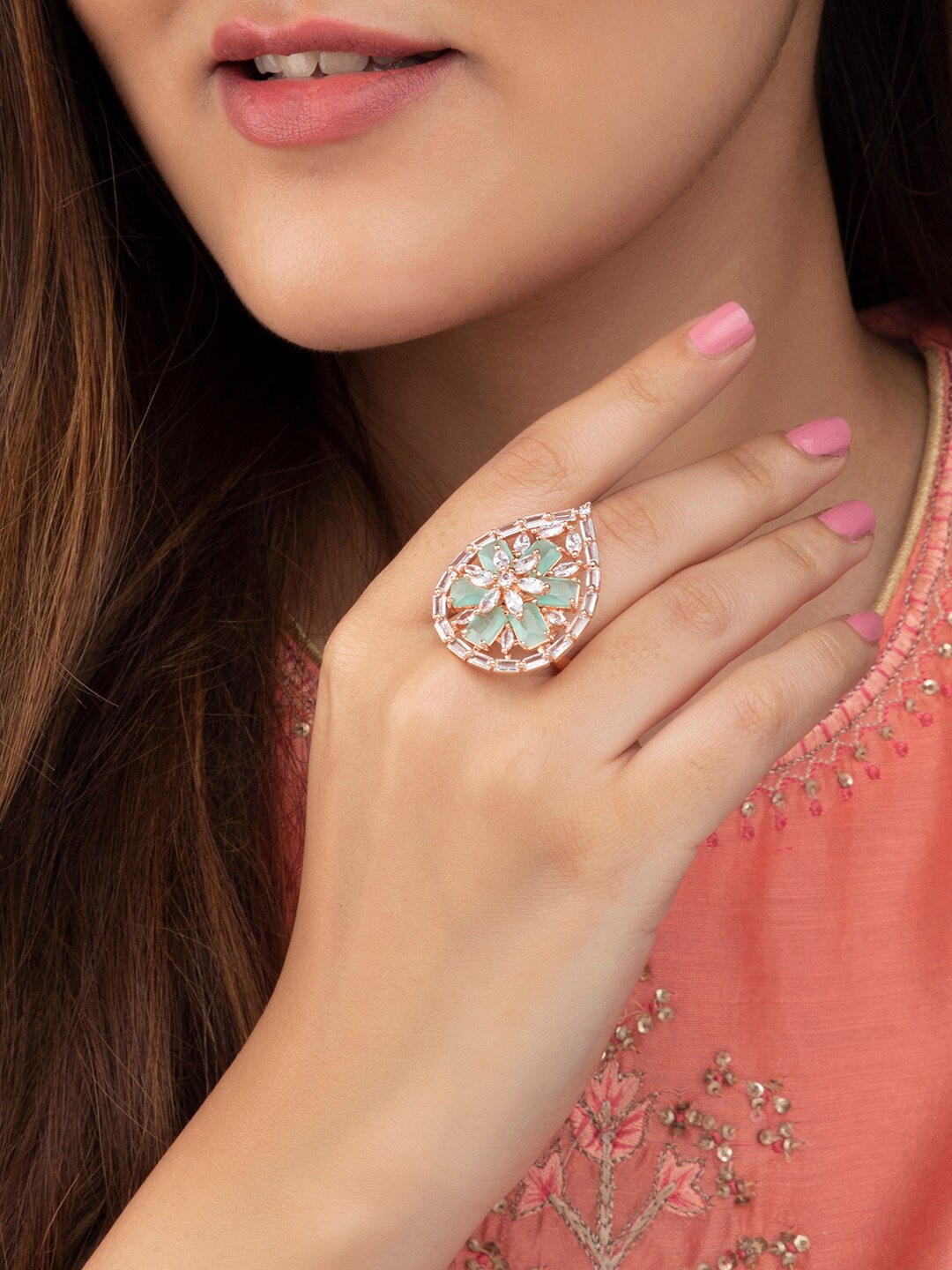 

Rubans Rose Gold-Plated & Green AD-Studded Adjustable Finger Ring
