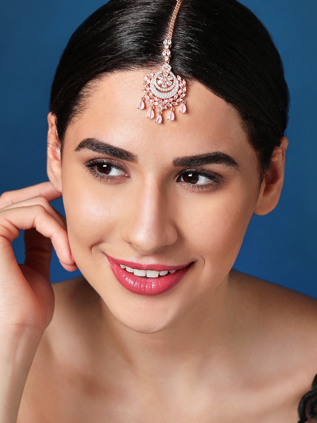 

Rubans Rose Gold-Plated White & Pink AD-Studded Maangtikka