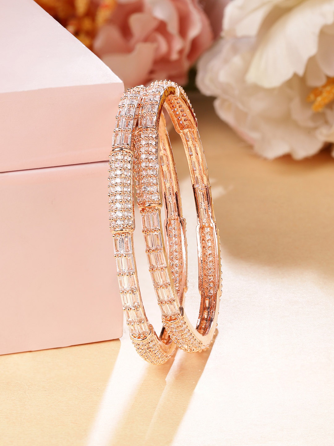 

Rubans Set of 2 Rose-Gold Plated Cubic Zircon-Studded Bangles