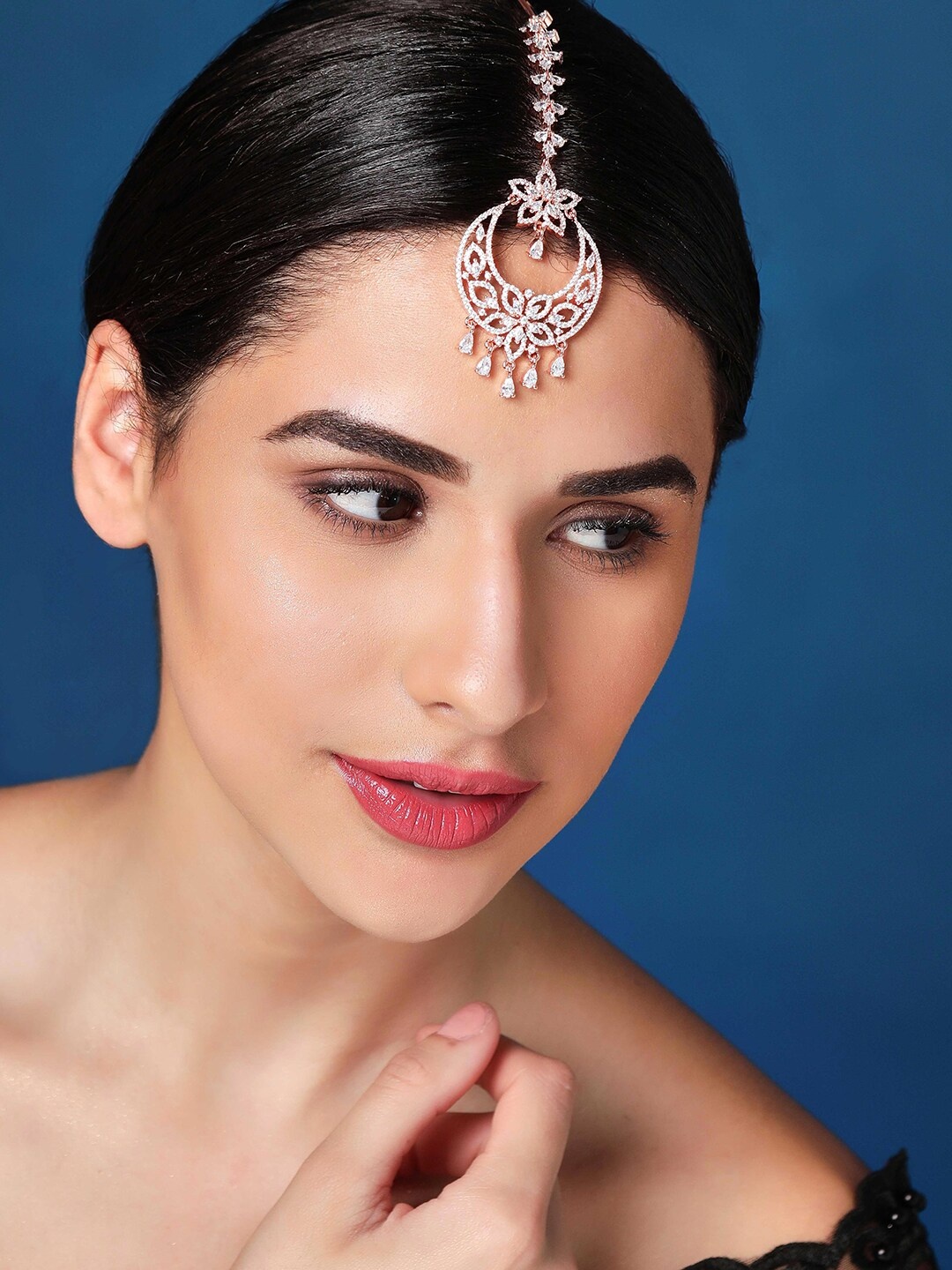 

Rubans Rose Gold-Plated & White American Diamond Studded Maang Tikka