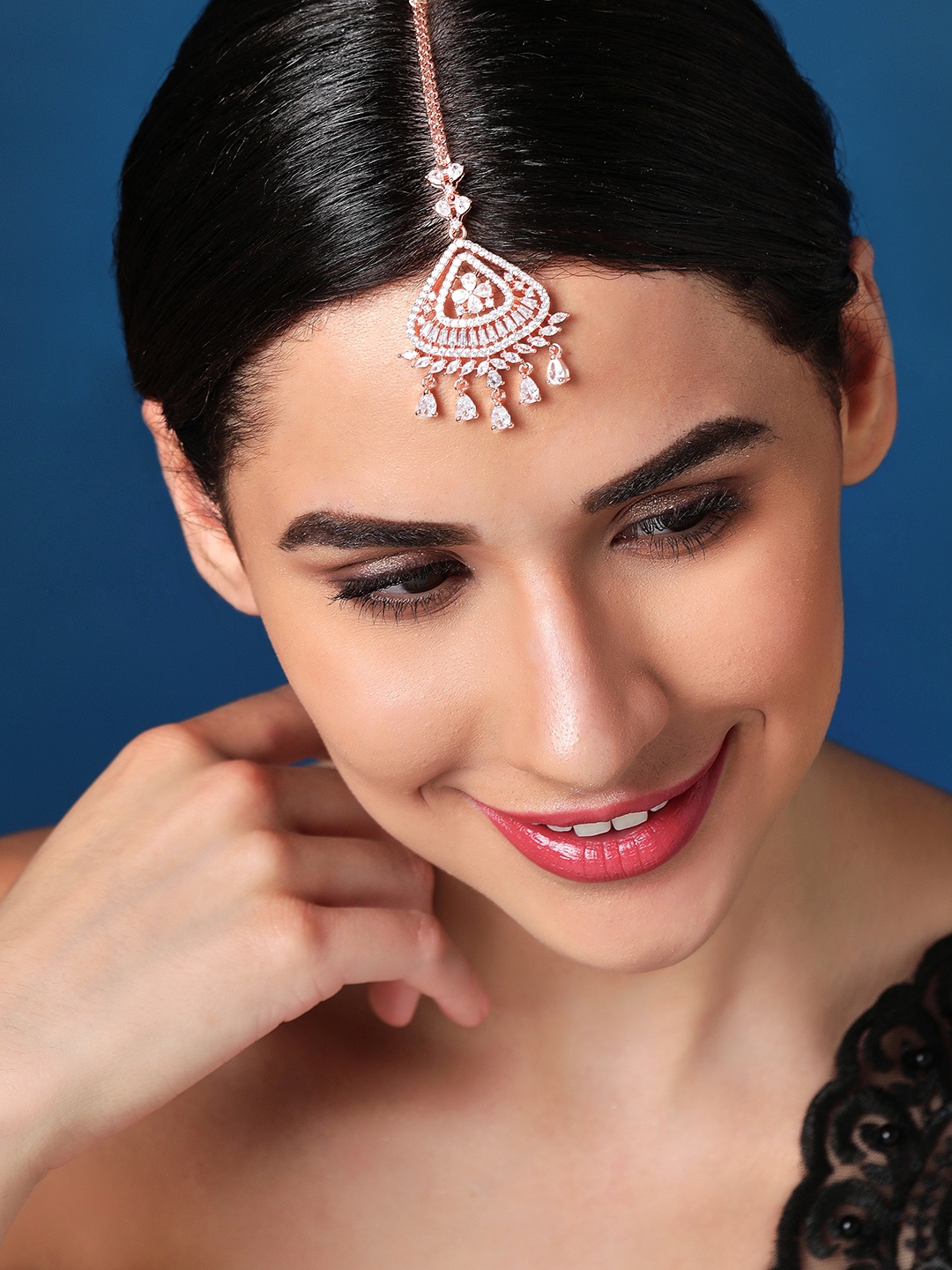 

Rubans Rose Gold-Plated White AD-Studded MaangTikka
