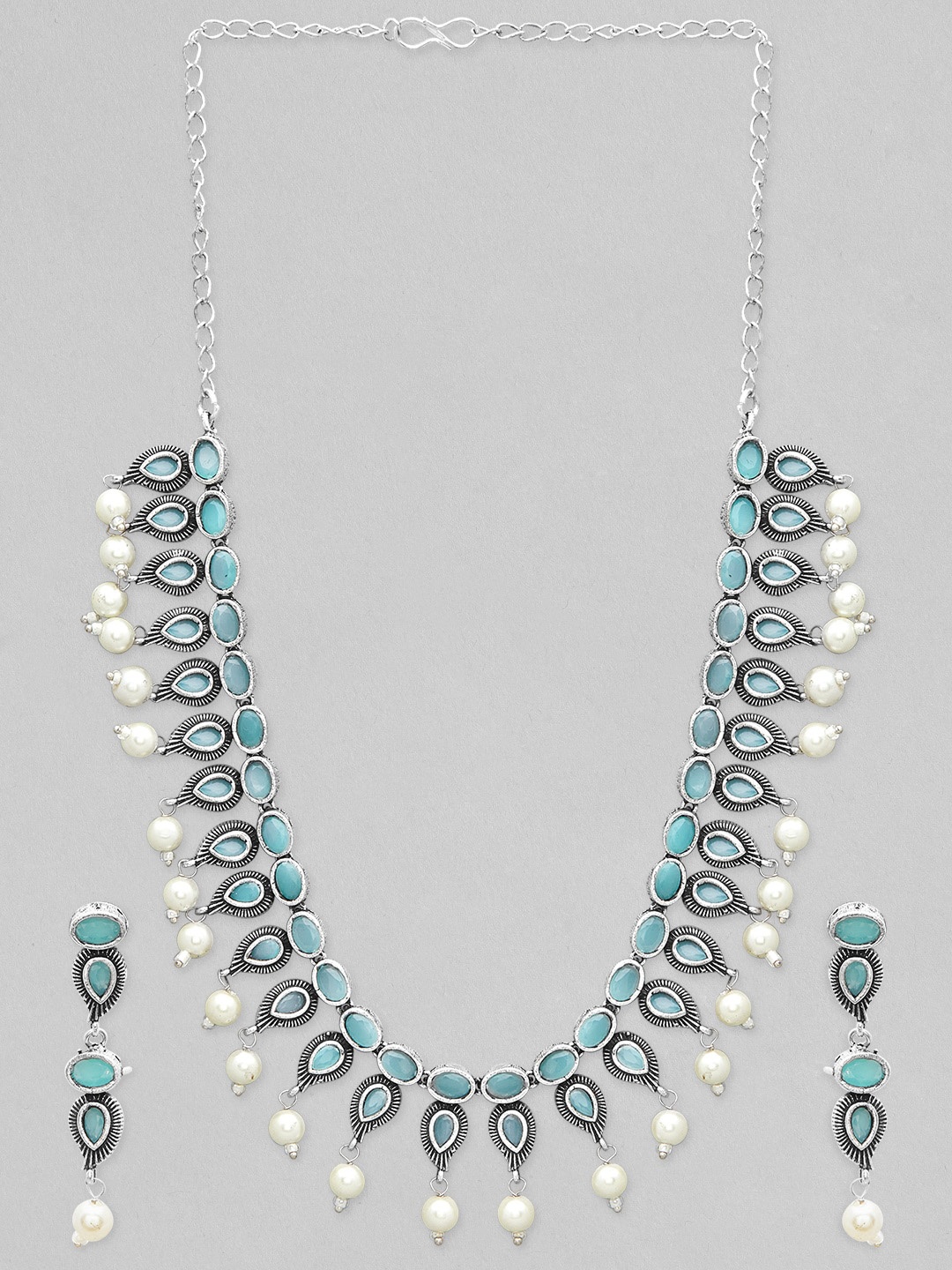 

Rubans Silver- Plated Blue Stone Studded & Beaded Jewellery Set