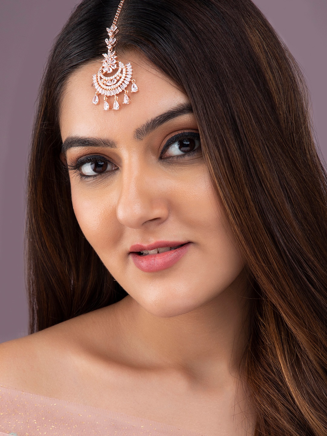 

Rubans Rose Gold-Plated White AD-Studded Moon Shaped Maang Tika