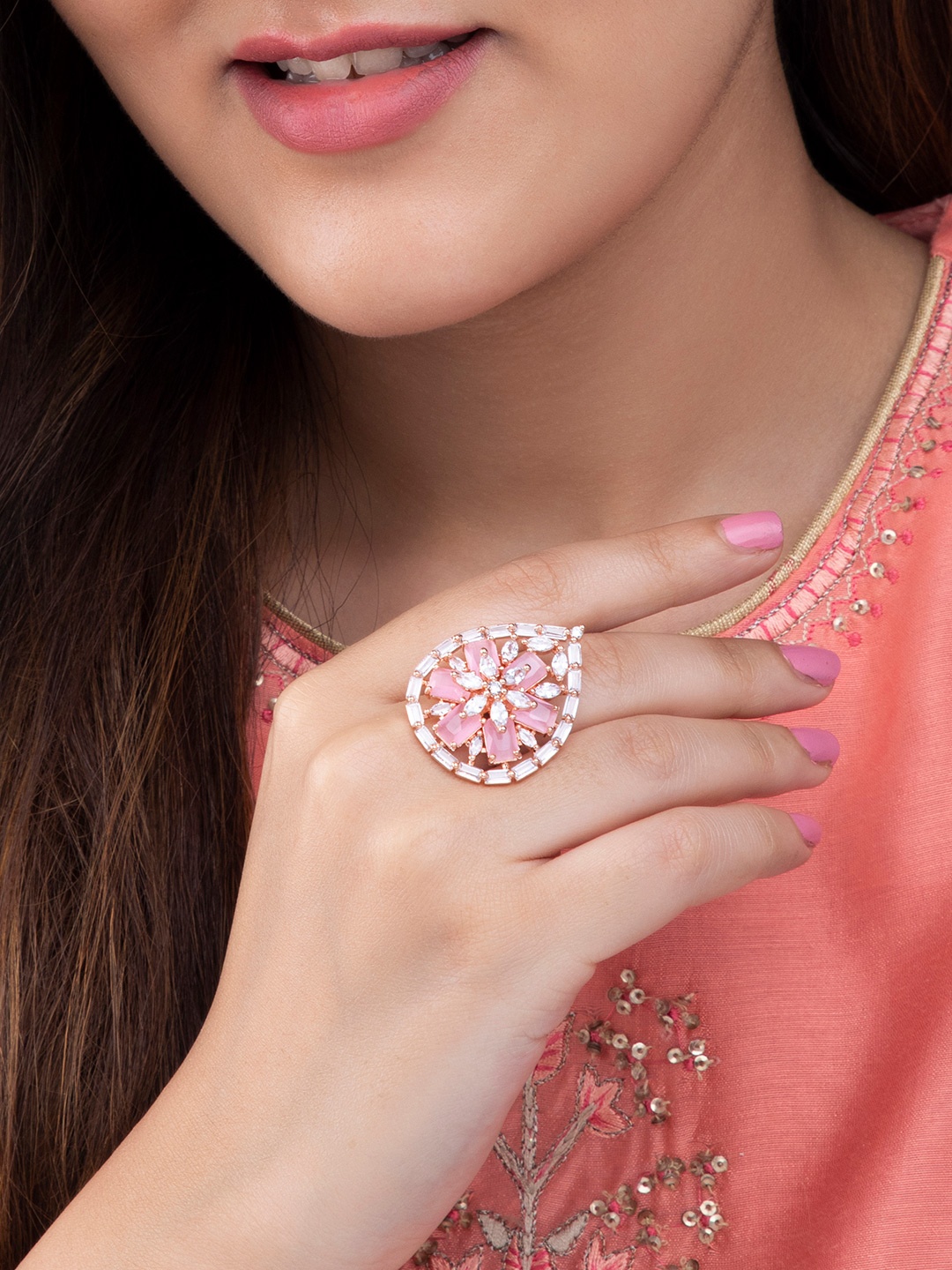 

Rubans Rose Gold-Plated Pink & White AD-Studded Adjustable Finger Ring