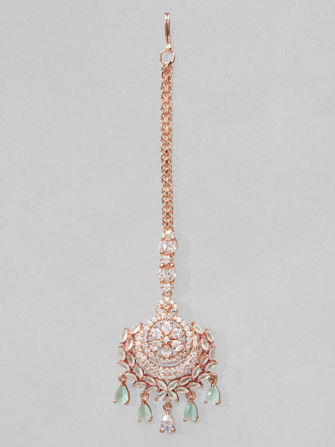 

Rubans Rose Gold-Plated White AD-Studded Tear-Dropped Maangtikka