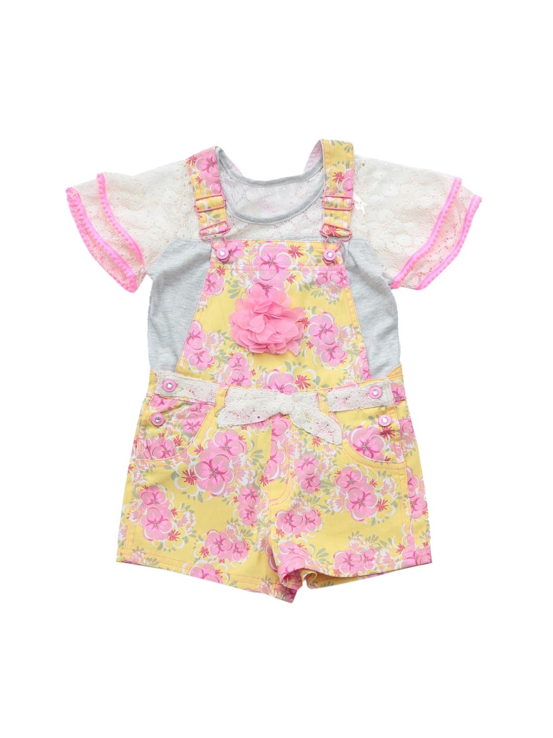 

Lil Lollipop Girls Yellow & Pink Printed Pure Cotton Denim Shorts Dungaree