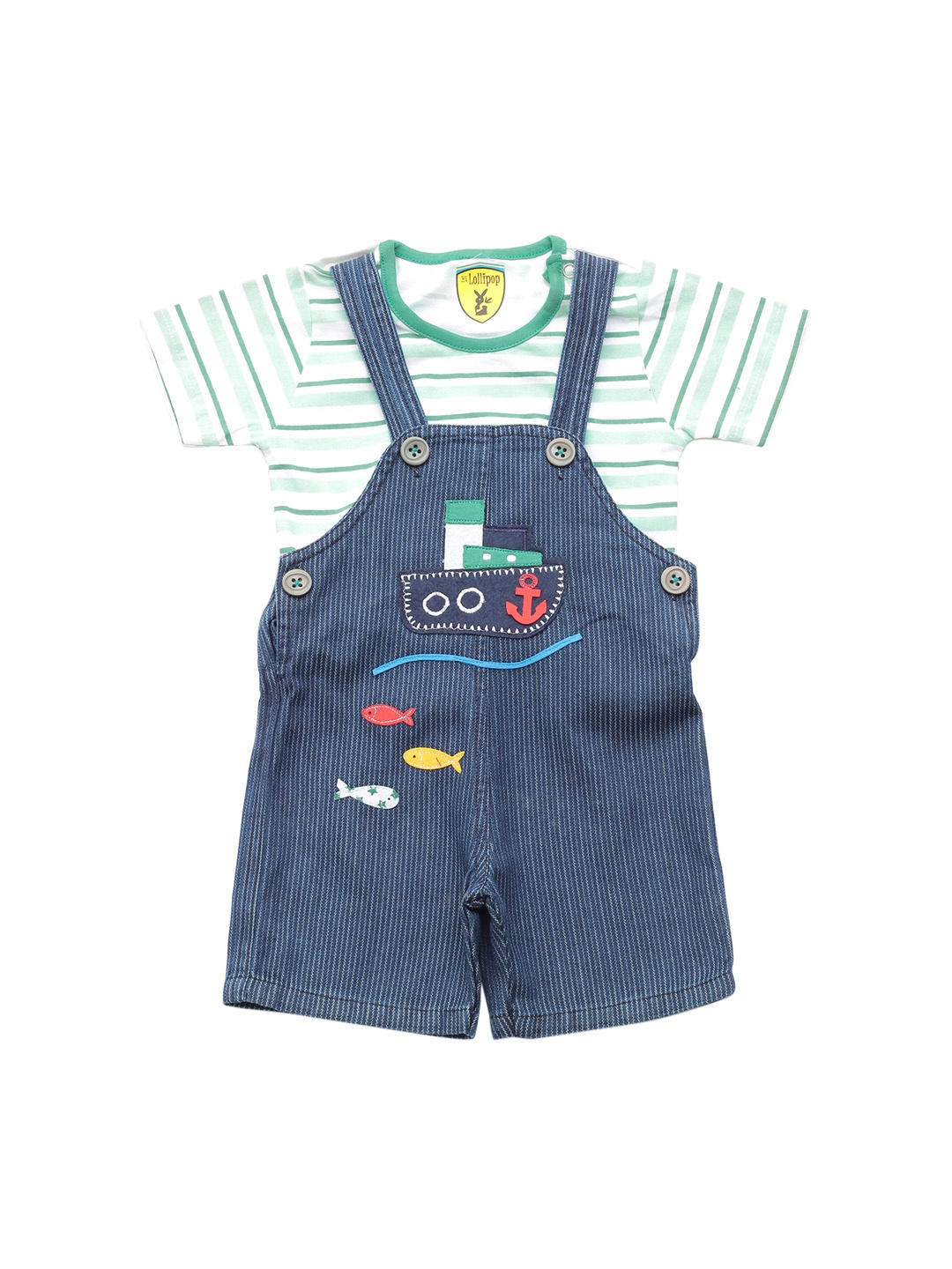 

Lil Lollipop Kids Blue & Green Striped Dungarees