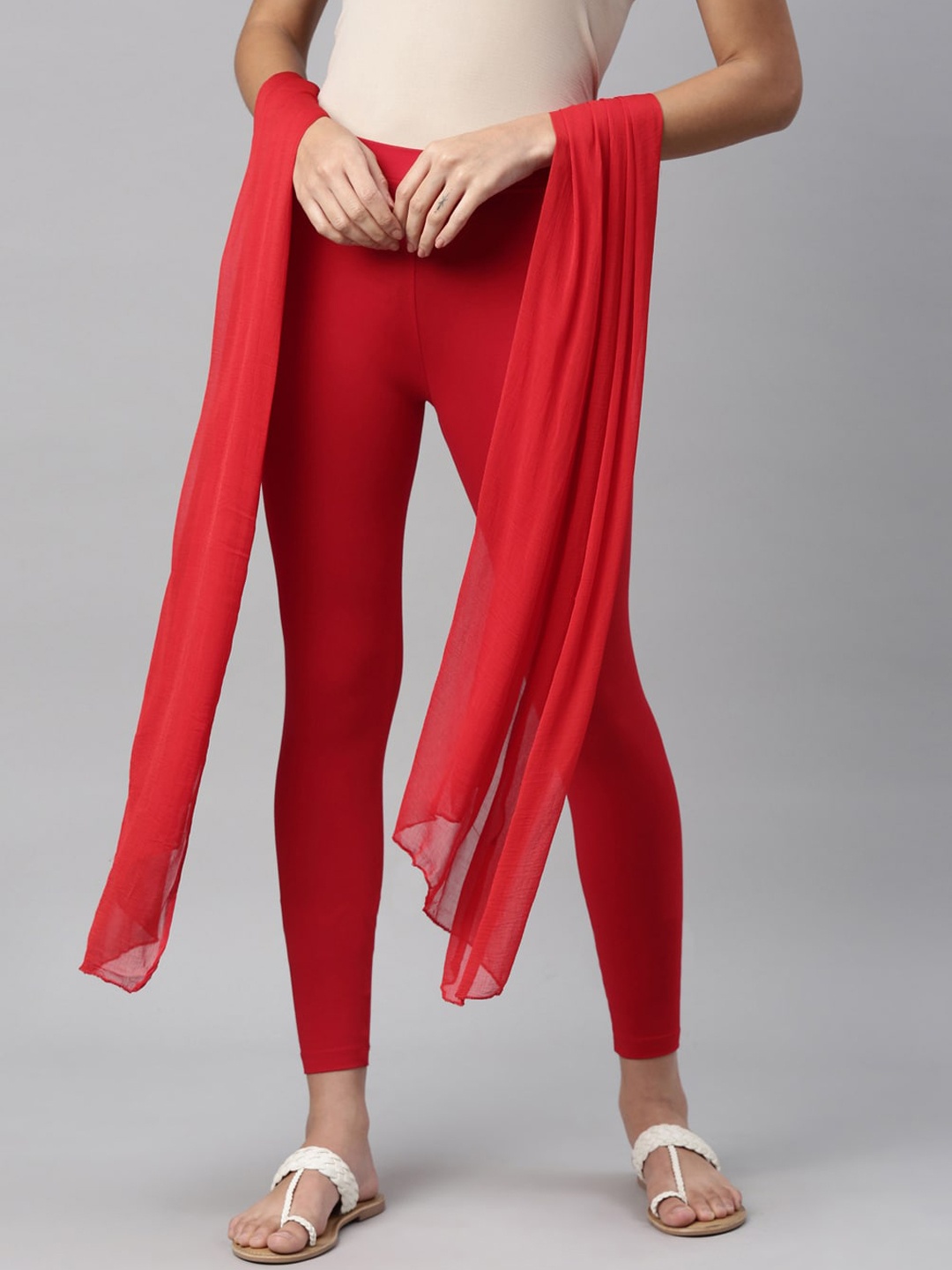 

TWIN BIRDS Women Red Solid Ankle Length Leggings & Shawl