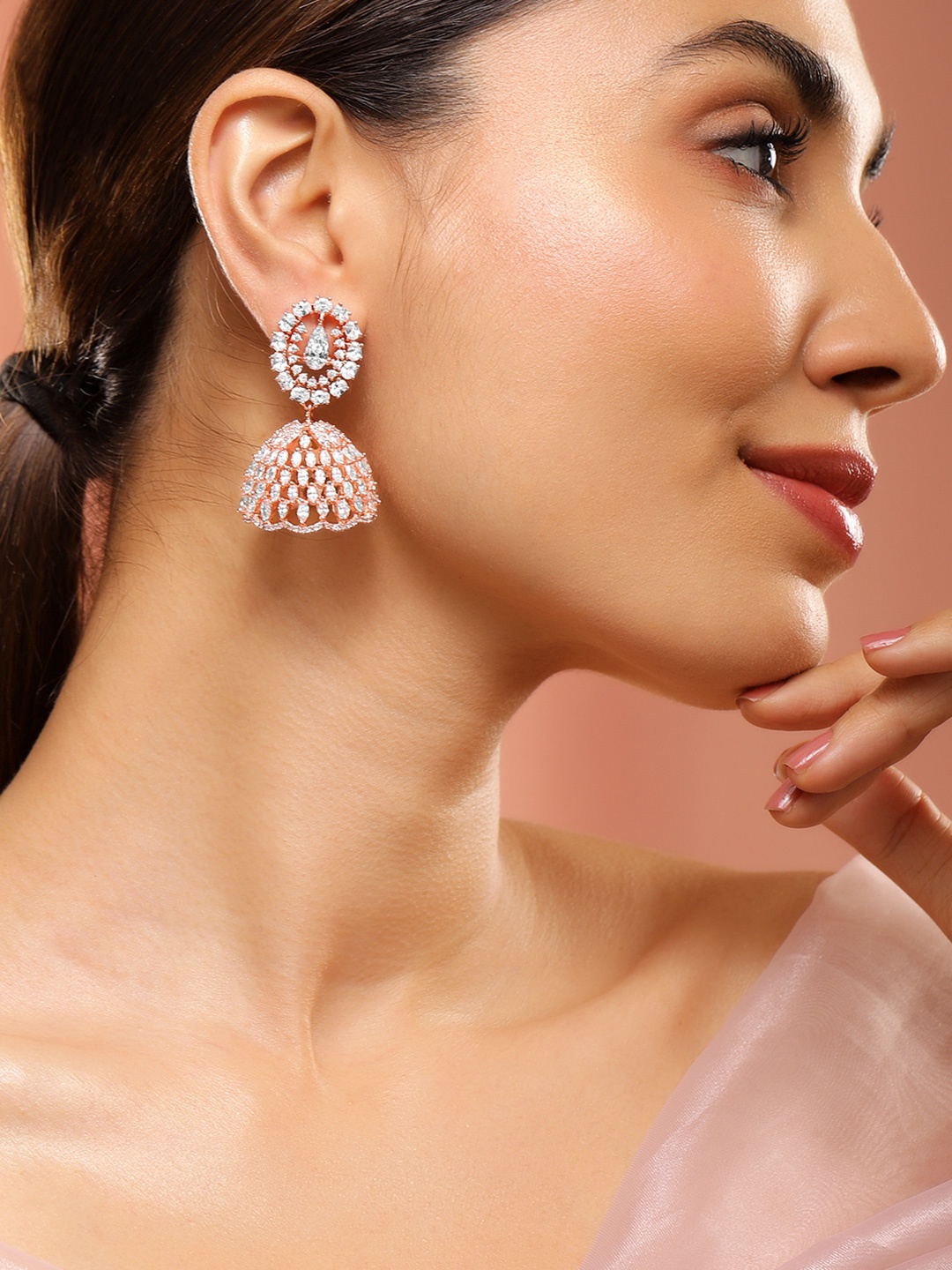 

Rubans 22K Rose Gold-Plated Cubic Zirconia Studded Dome-Shaped Jhumkas Earrings