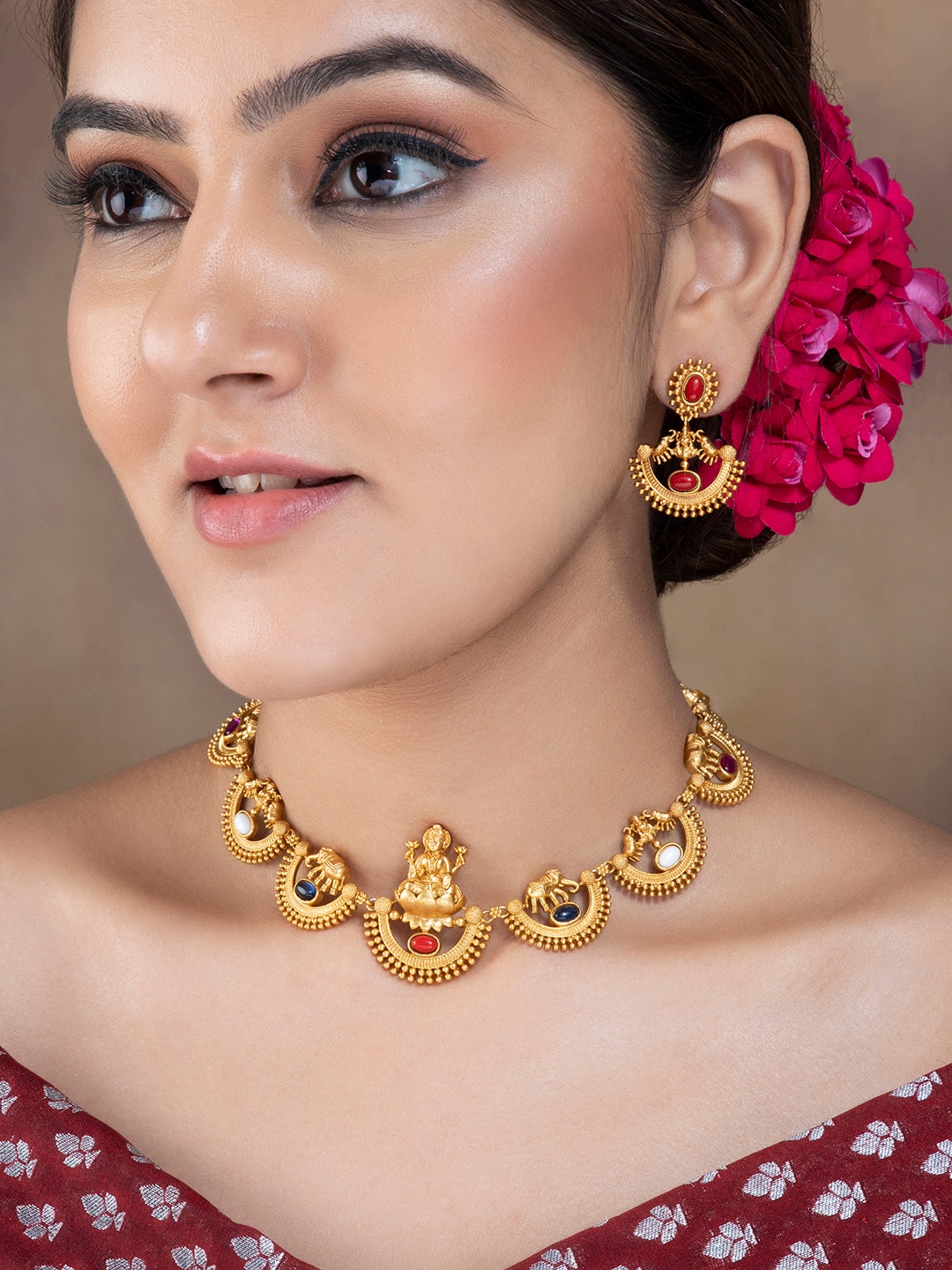 

Rubans Gold-Plated Assorted Stone Studded Temple Jewellery Set