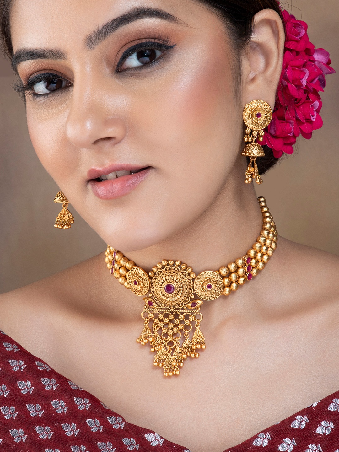 

Rubans Gold-Plated & Red Stone-Studded Beaded Choker Set