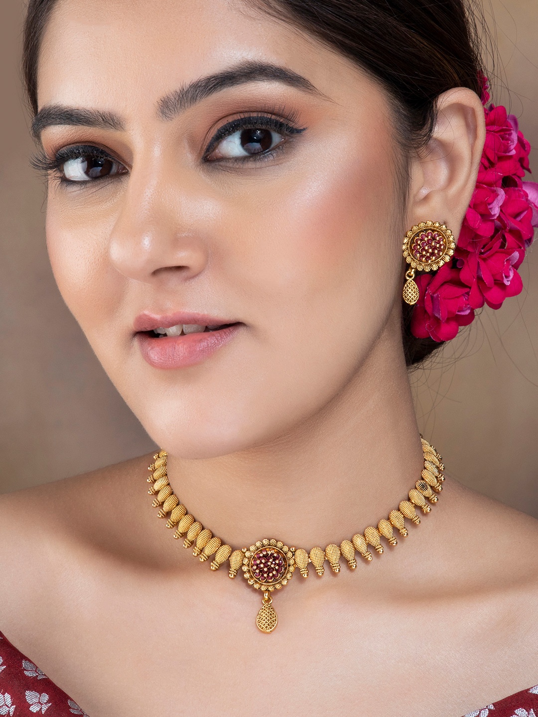 

Rubans Gold-Plated Stone-Studded Beaded Temple Jewellery Set