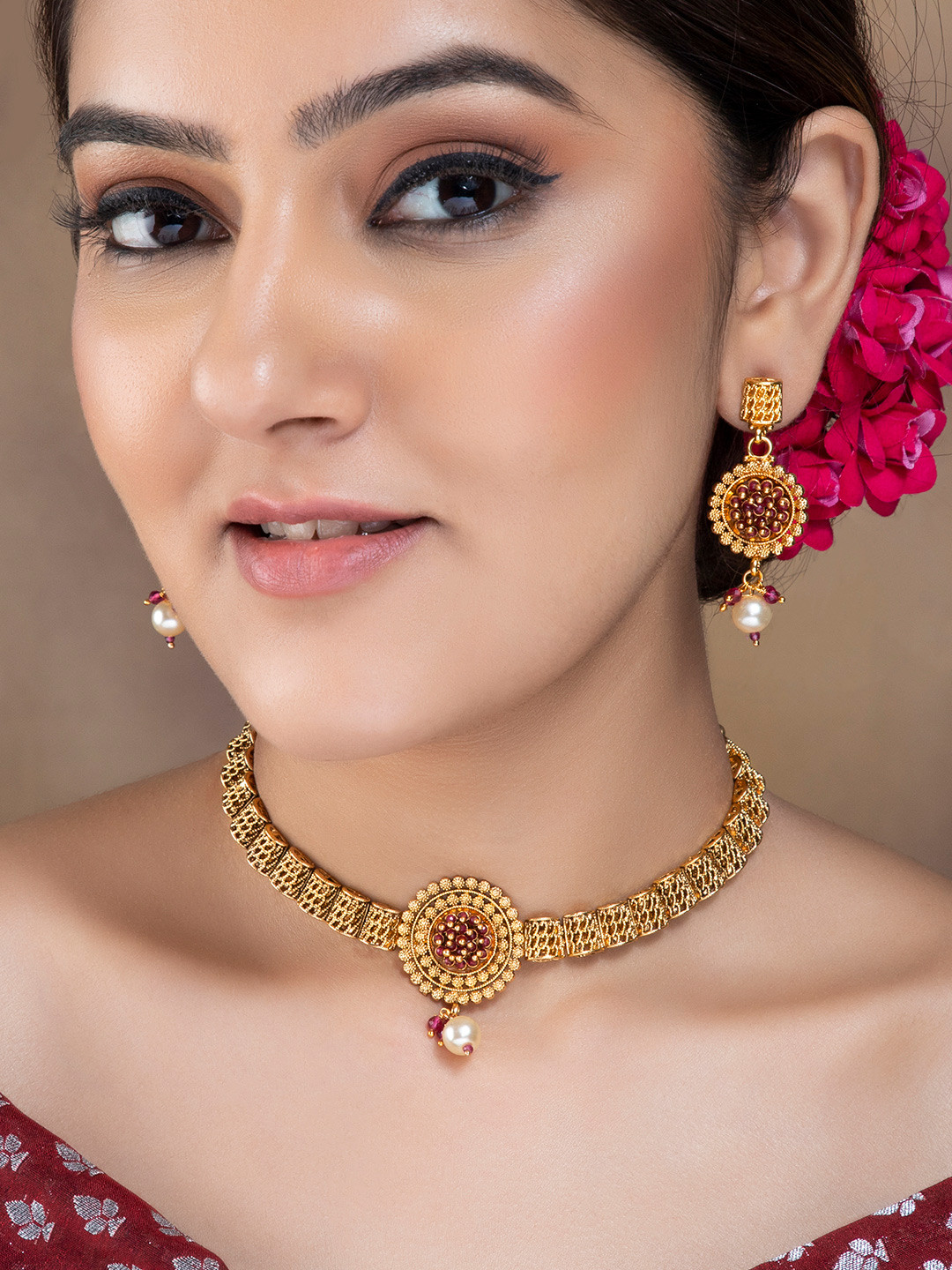 

Rubans Gold- Plated & Red Stone Studded Temple Jewellery Set