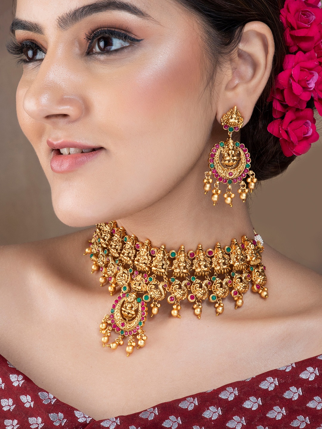 

Rubans Gold-Plated Pink & Green Stone-Studded Beaded Jewelry Set