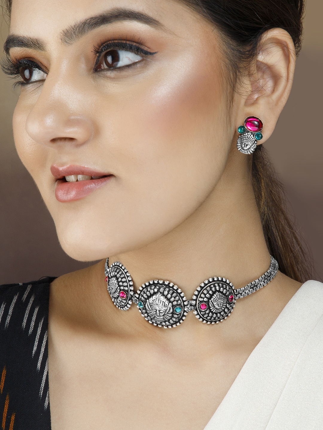 

Rubans Oxidised Silver-Plated Pink & Green Stone-Studded Jewellery Set