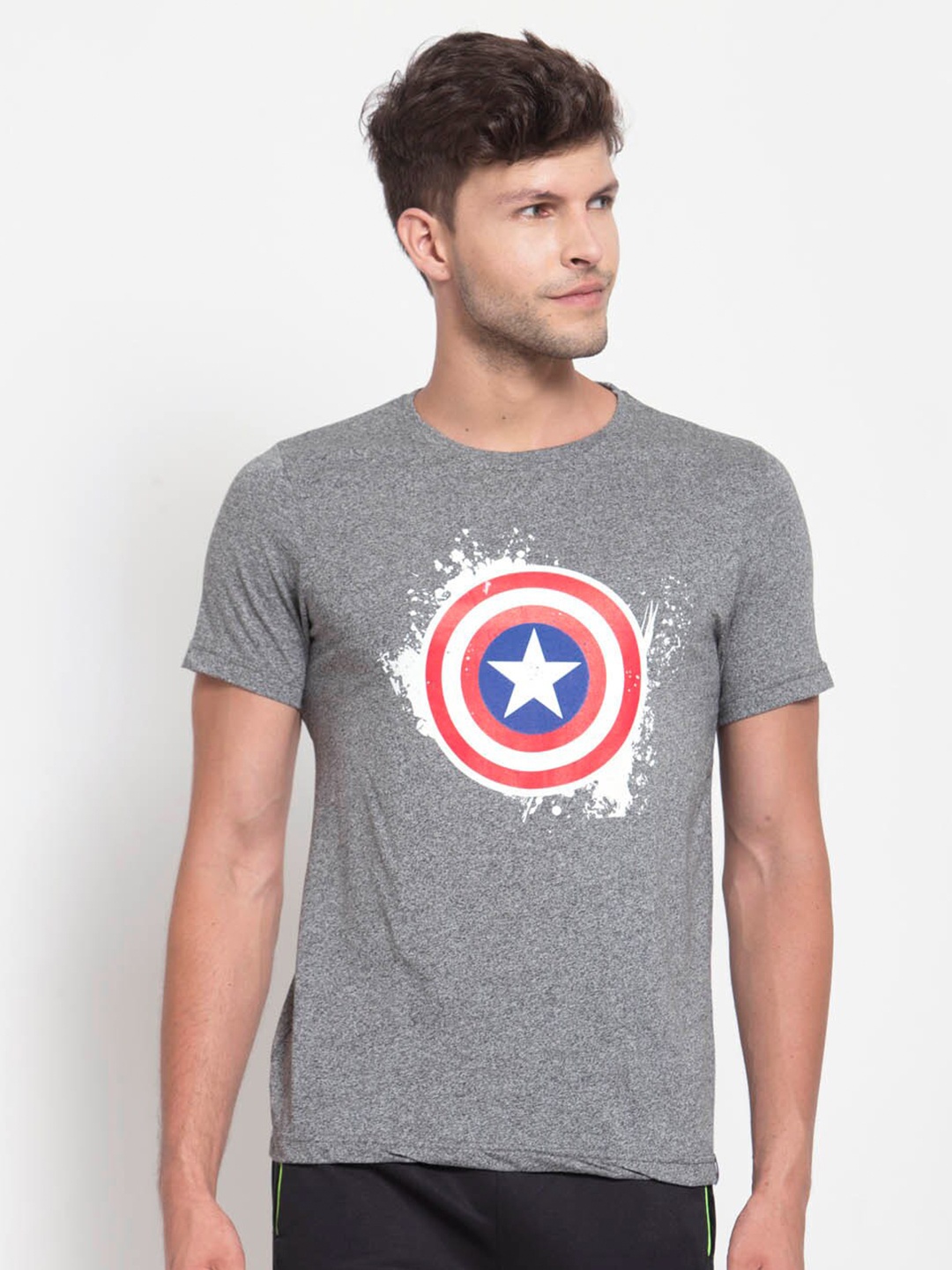 

SPORTO Men Grey Melange Captain America Printed Cotton T-shirt