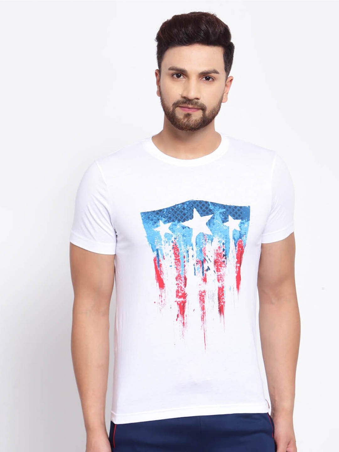 

SPORTO Men White & Blue Printed Cotton T-shirt