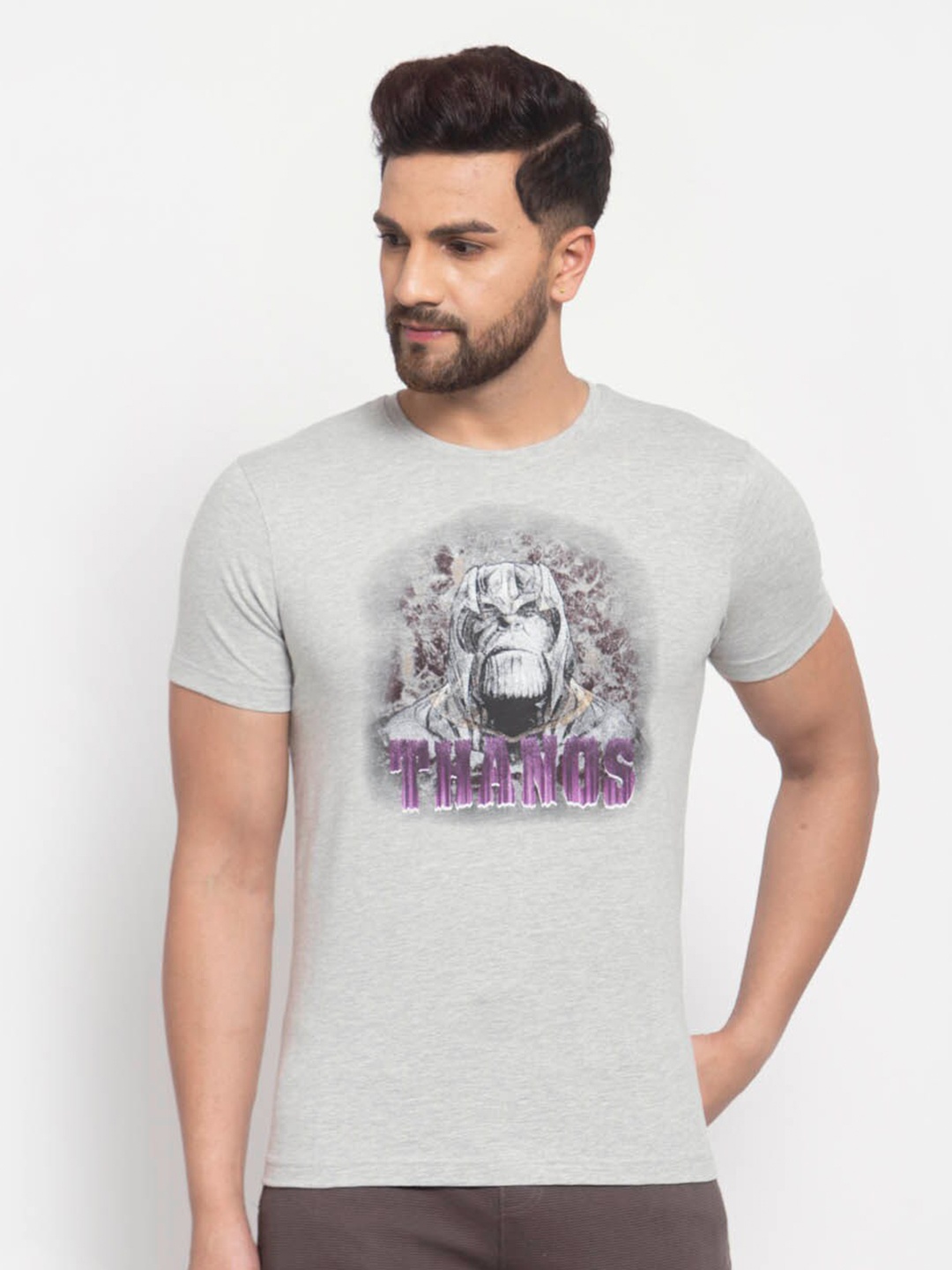 

SPORTO Men Grey Melange Printed Regular Fit Cotton T-shirt
