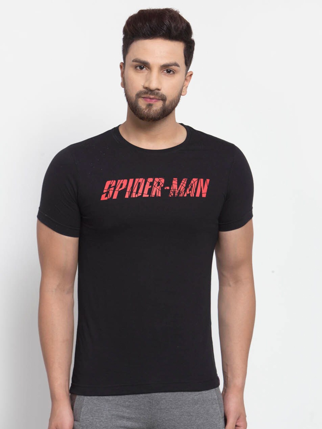 SPORTO Men Black Typography Spider-Man Printed T-shirt