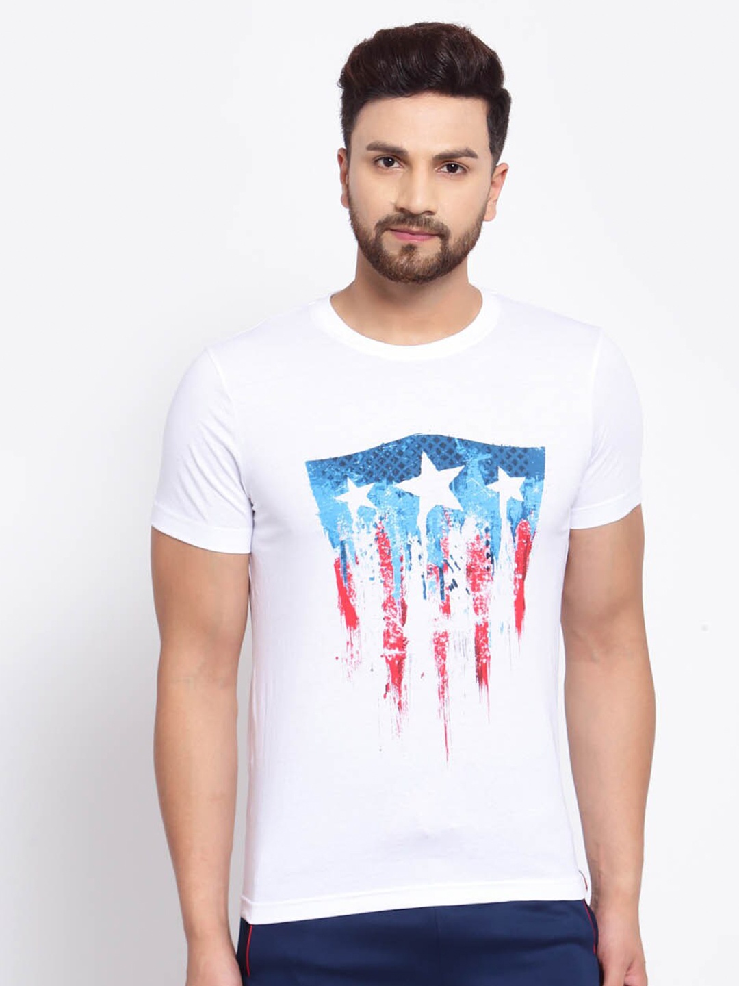 

SPORTO Men White Captain America Printed Cotton T-shirt