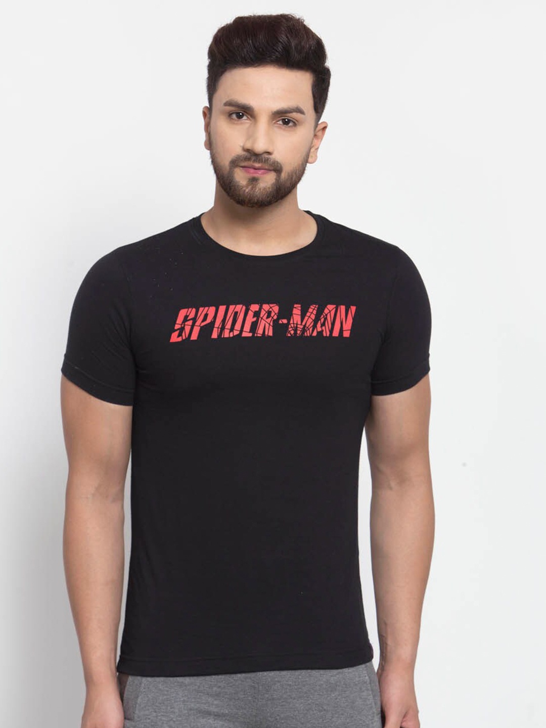 

SPORTO Men Black Typography Spider-Man Printed Cotton T-shirt