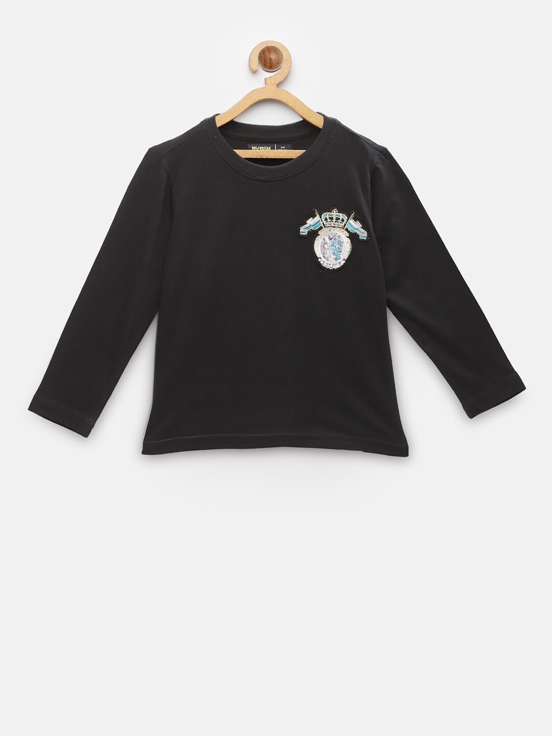 

NYNSH- PlusS Kids Boys Black Applique Pure Cotton T-shirt