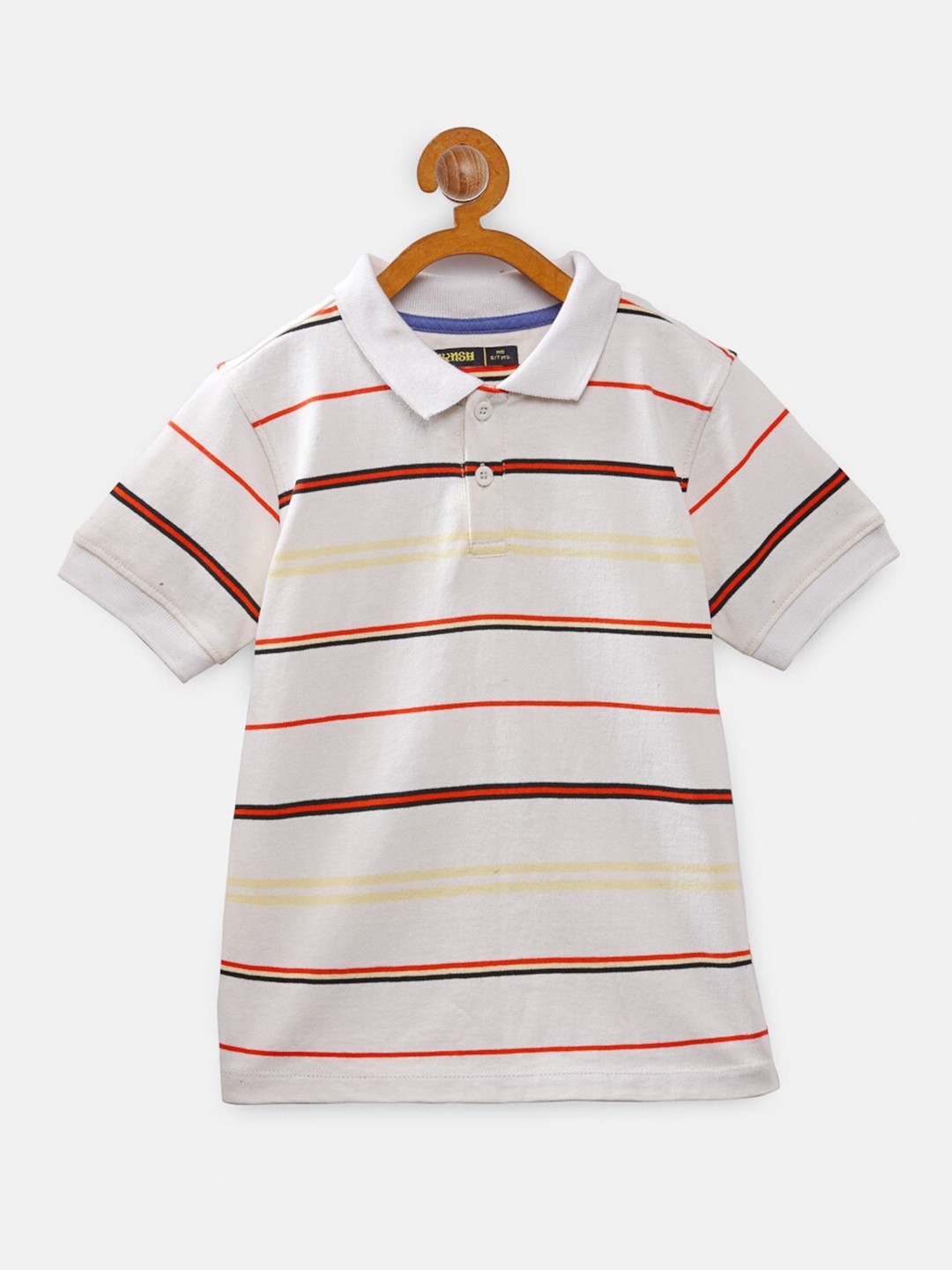 

NYNSH- PlusS Kids Boys Off White & Red Striped Polo Collar Pure Cotton T-shirt