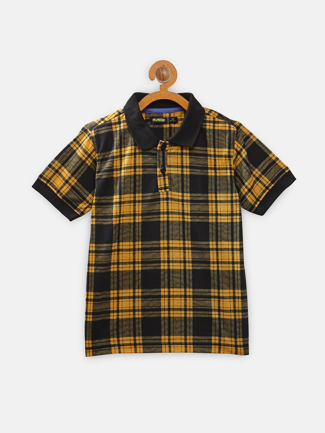 

NYNSH- PlusS Kids Boys Black & Yellow Checked Polo Collar Cotton T-shirt