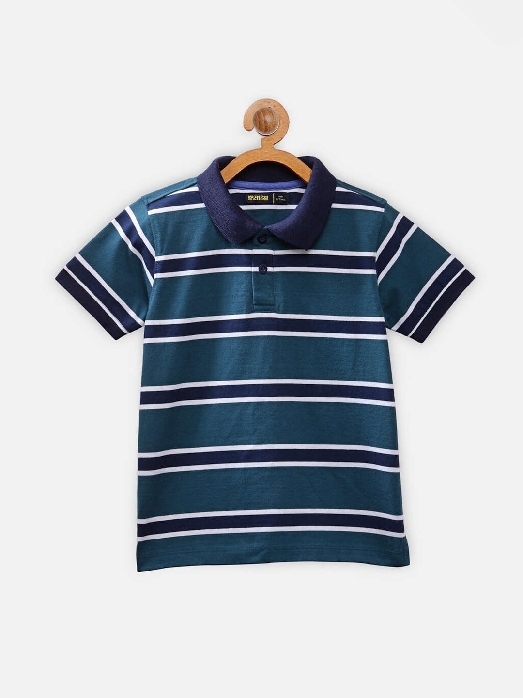 

NYNSH- PlusS Kids Boys Teal Green & White Striped Polo Collar Regular Fit Cotton T-shirt