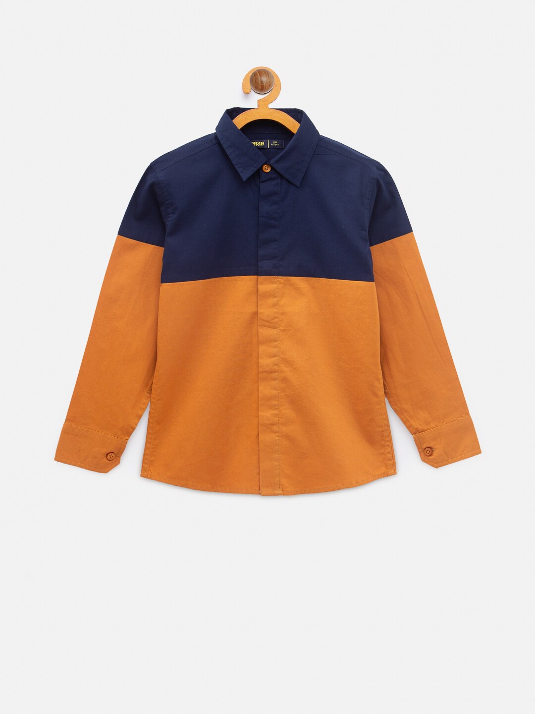 

NYNSH- PlusS Kids Boys Mustard Yellow & Navy Blue Colourblocked Pure Cotton Casual Shirt