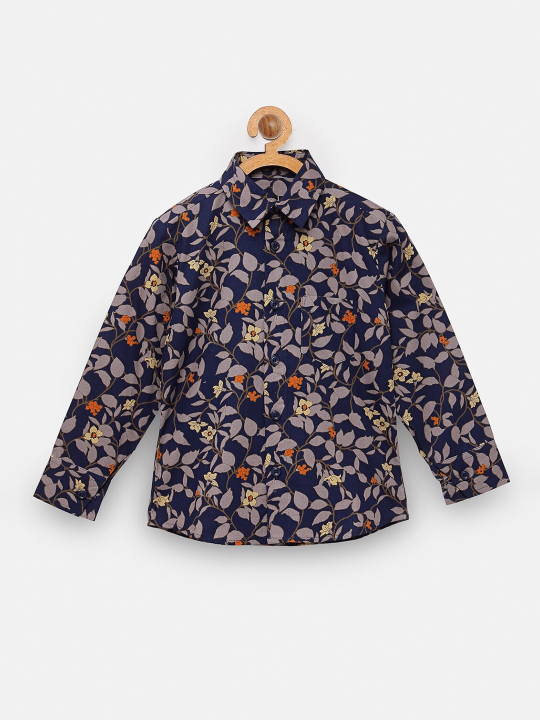 

NYNSH- PlusS Kids Boys Navy Blue Floral Printed Regular Fit Cotton Casual Shirt