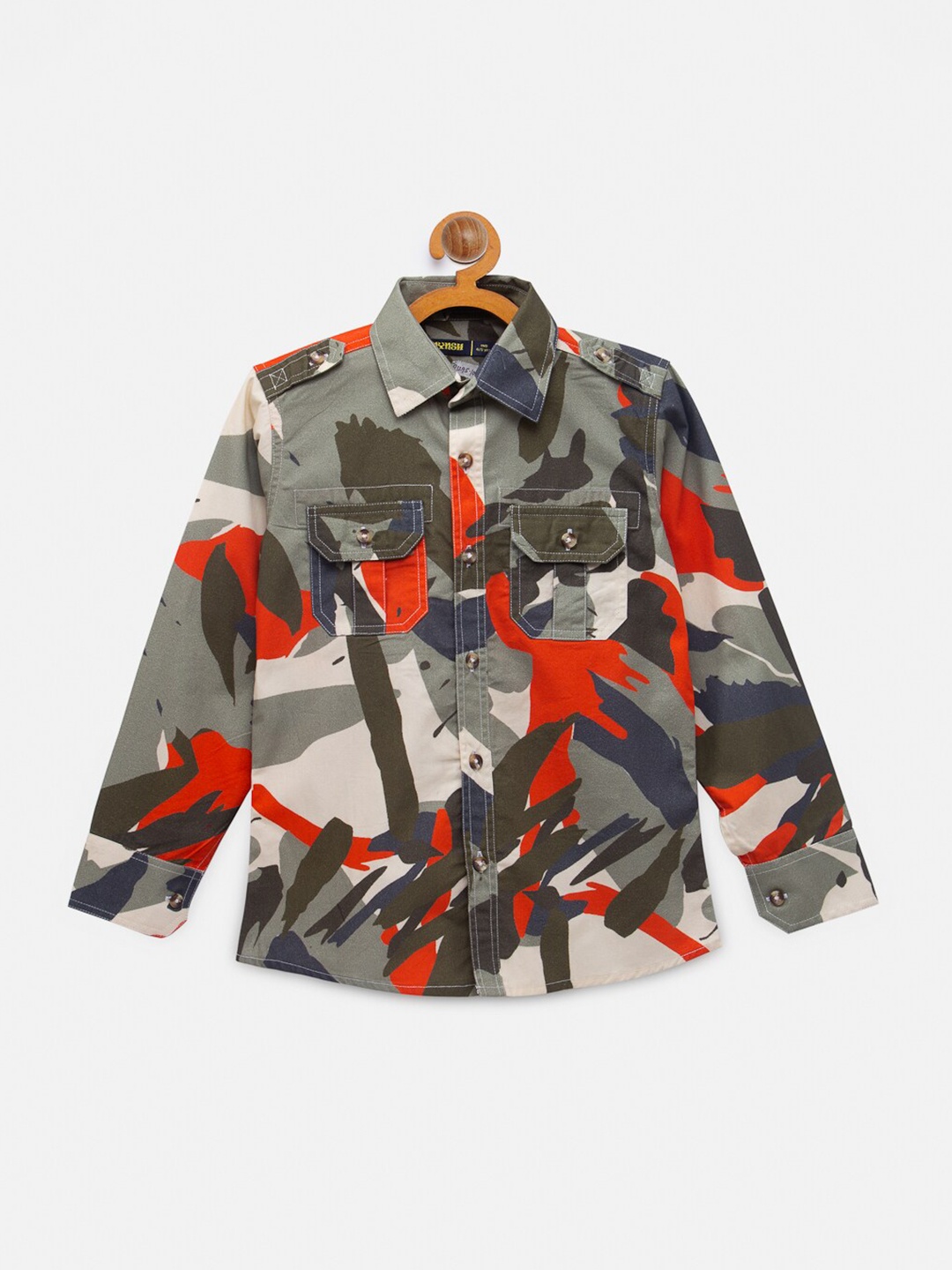 

NYNSH- PlusS Kids Boys Green & Red Camouflage Printed Cotton Shirt with Shoulder Tabs