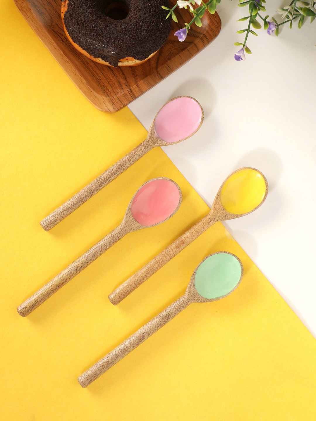 

NURTURE INDIA Set Of 4 Solid Wooden Enamel Spoons, Multi