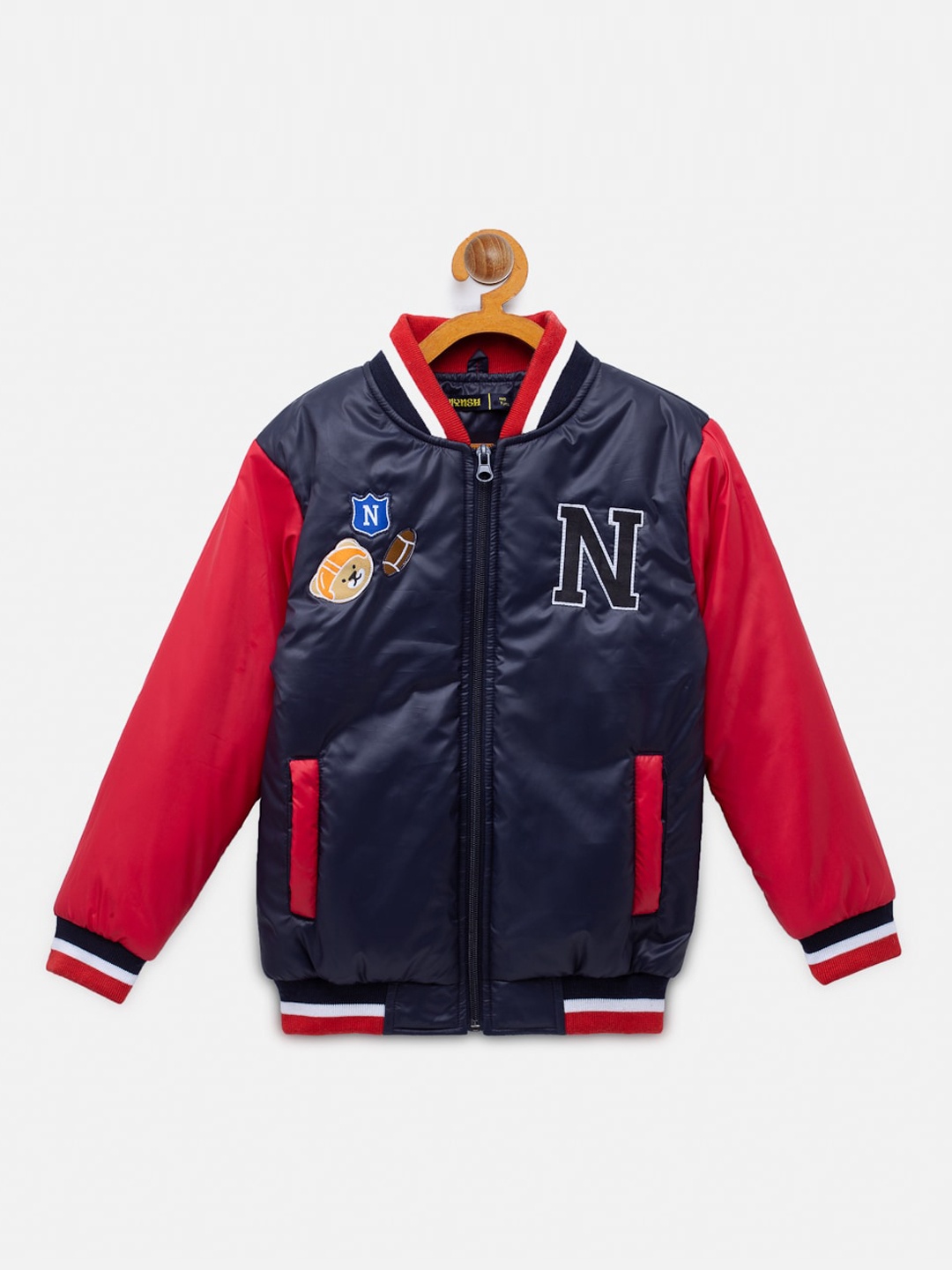 

NYNSH- PlusS Kids Boys Navy Blue & Red Colourblocked Varsity Jacket with Patchwork