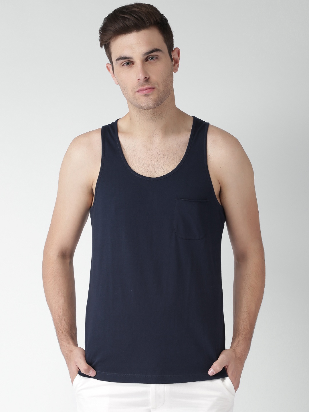 

Mast Harbour Men Navy Round Neck Pure Cotton T-shirt, Navy blue