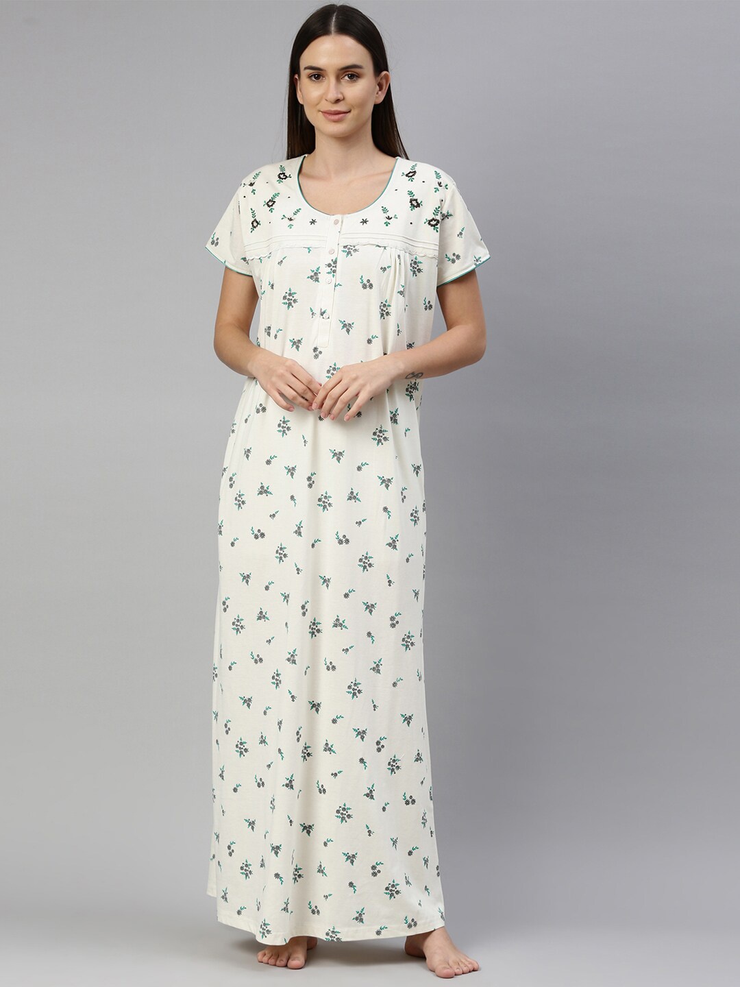 

GOLDSTROMS Off-White & Green Floral Printed Maxi Nightdress