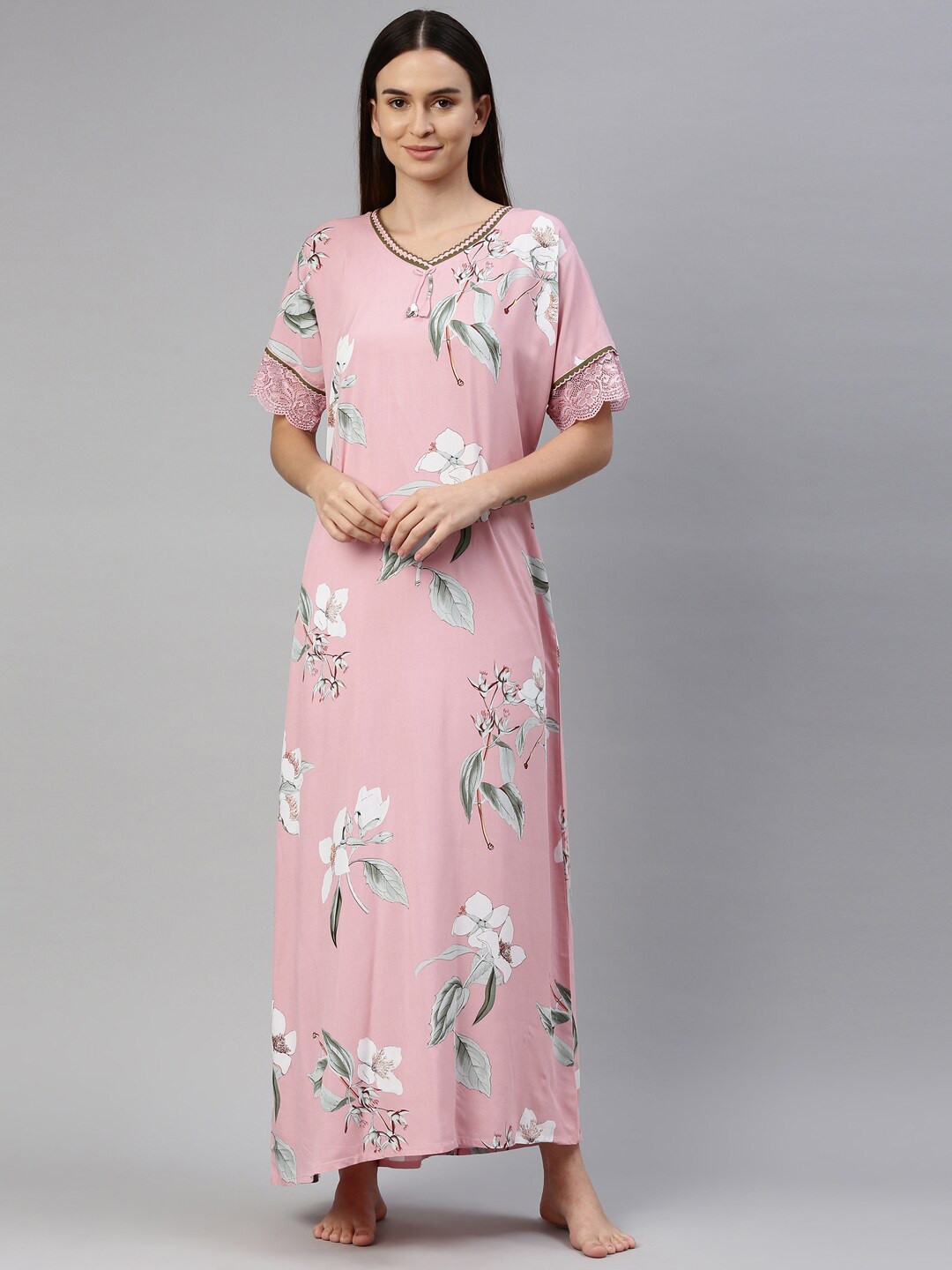 

GOLDSTROMS Women Pink Floral Printed Maxi Nightdress