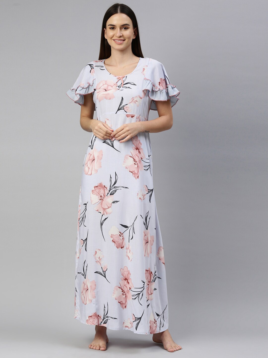

GOLDSTROMS Grey & Peach-Coloured Floral Printed Flared Sleeves Maxi Nightdress