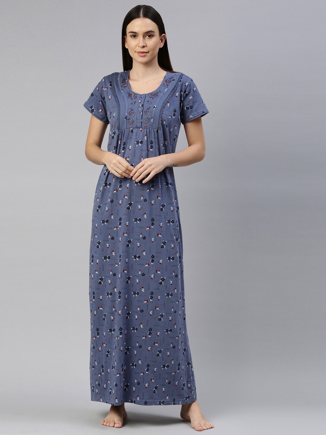 

GOLDSTROMS Blue & Maroon Printed Maxi Nightdress